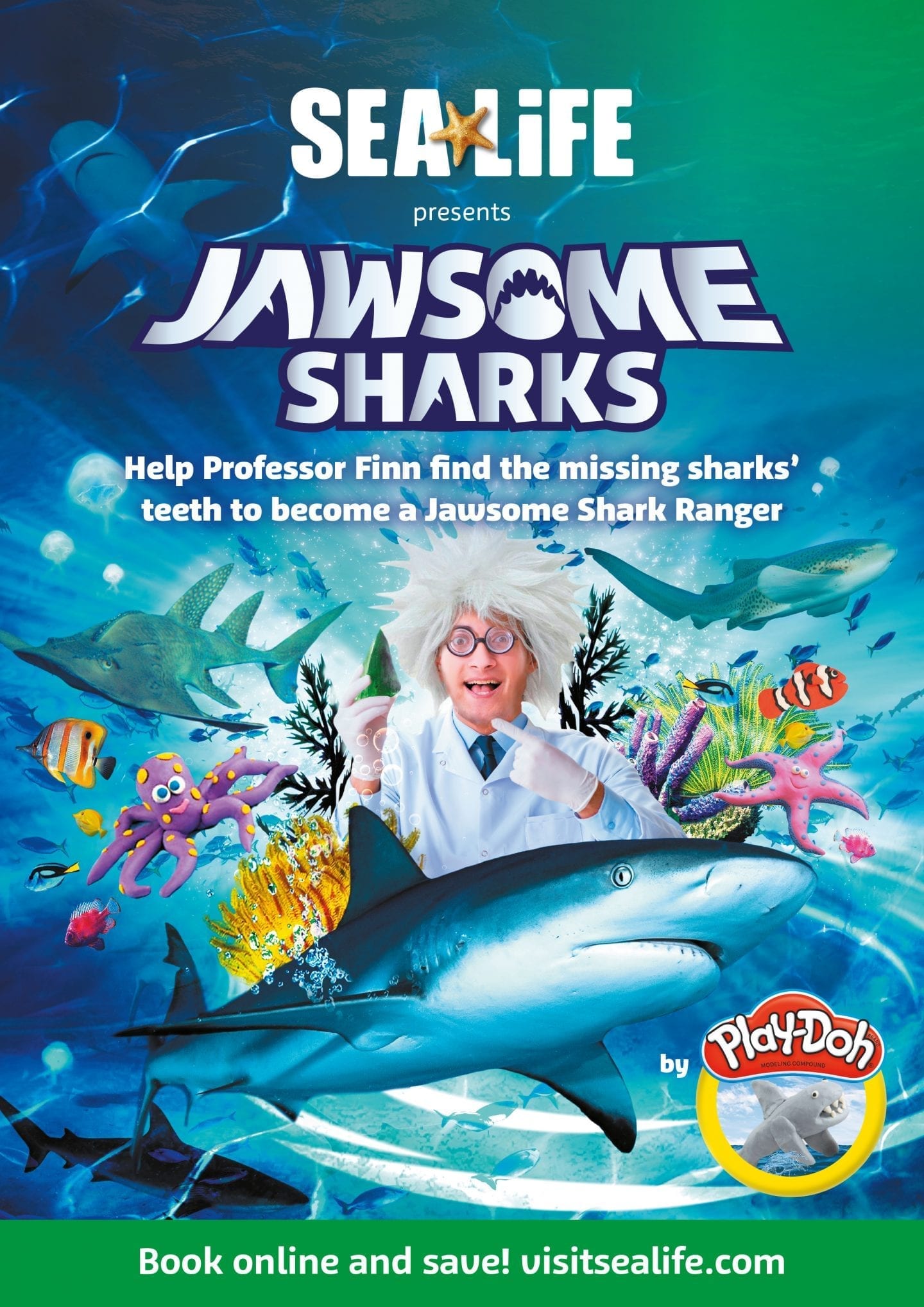 sea life jawsome sharks play-doh event poster