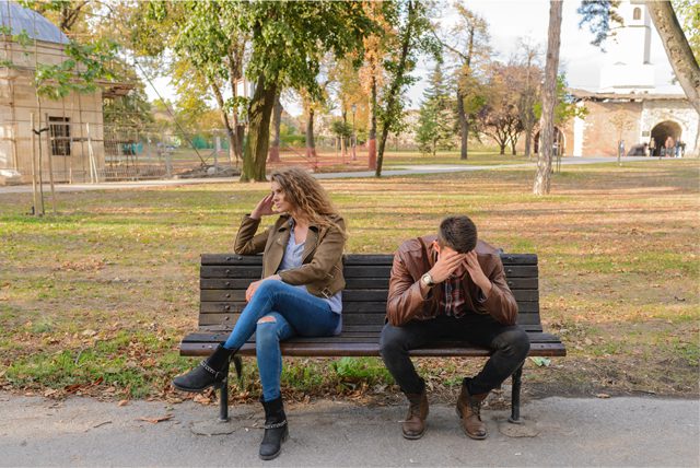 argument bench breakup couple disappointed facepalm