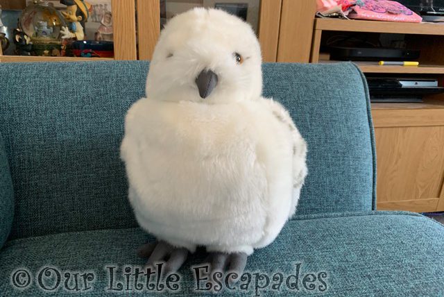 hedwig snowy owl puppet sitting sofa